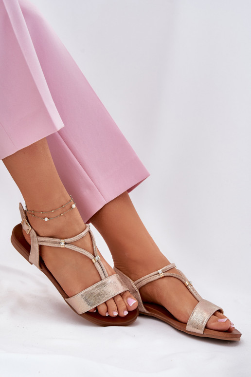 Feminin Flache Sandalen mit Streifen S.Barski KV51-120 roségoldene Farbe Feminin Flache Sandalen mit Streifen S.Barski KV51-120 roségoldene Farbe