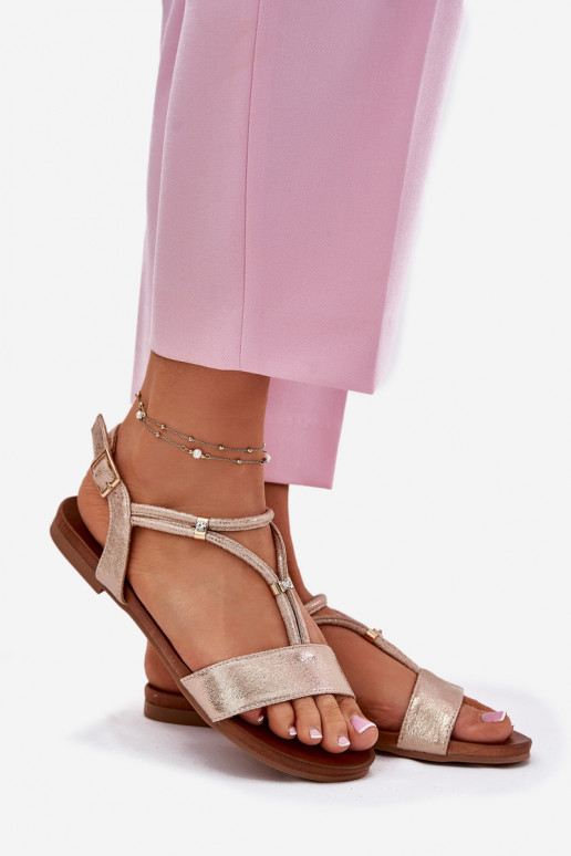 Feminin Flache Sandalen mit Streifen S.Barski KV51-120 roségoldene Farbe Feminin Flache Sandalen mit Streifen S.Barski KV51-120 roségoldene Farbe