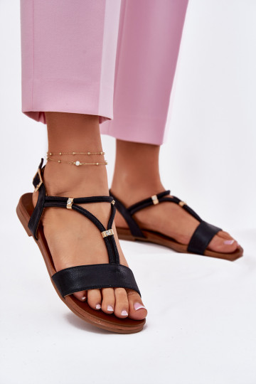 Feminin Flache Sandalen mit Streifen S.Barski KV51-120 schZuarze Farbe 2