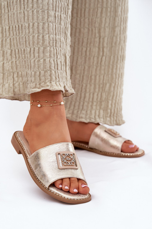 Flache Hausschuhe für Damen mit Ornamenten S.Barski KV51-089 goldene Farbe