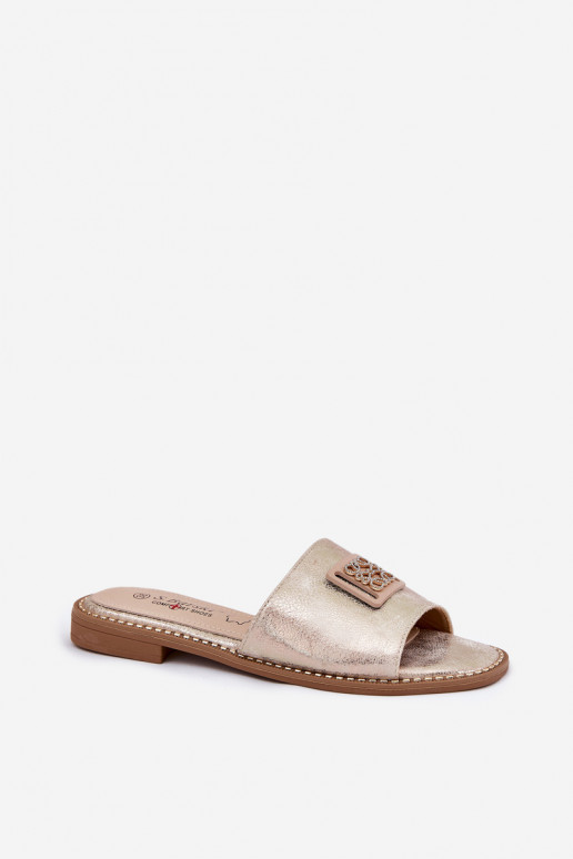 Flache Hausschuhe für Damen mit Ornamenten S.Barski KV51-089 goldene Farbe