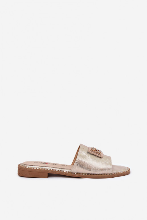 Flache Hausschuhe für Damen mit Ornamenten S.Barski KV51-089 goldene Farbe