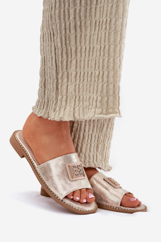 Flache Hausschuhe für Damen mit Ornamenten S.Barski KV51-089 goldene Farbe