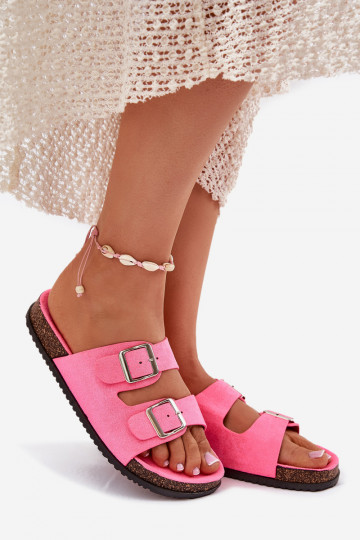 Damenhausschuhe mit Schnallen Neon pinke Farbe Oliena