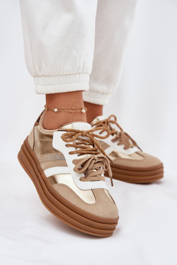 Goldfarbene sportliche Damenschuhe mit Plateausohle, doppelten Schnürsenkeln und Leopardenmuster, „Niteria"