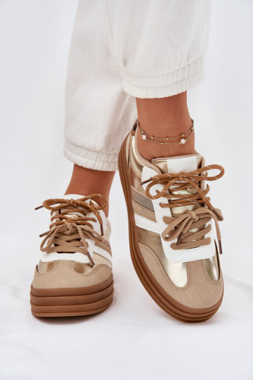 Sneakers Stilvollllschuhe Feminin mit einer Plattform Z PodZuójnym Schnürungm mit Leopardenfellmuster goldene Farbe Niteria 2