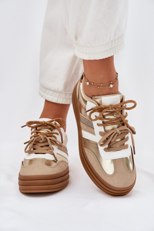 Sneakers Stilvollllschuhe Feminin mit einer Plattform Z PodZuójnym Schnürungm mit Leopardenfellmuster goldene Farbe Niteria