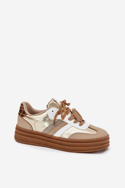 Sneakers Stilvollllschuhe Feminin mit einer Plattform Z PodZuójnym Schnürungm mit Leopardenfellmuster goldene Farbe Niteria