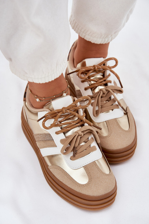 Sneakers Stilvollllschuhe Feminin mit einer Plattform Z PodZuójnym Schnürungm mit Leopardenfellmuster goldene Farbe Niteria