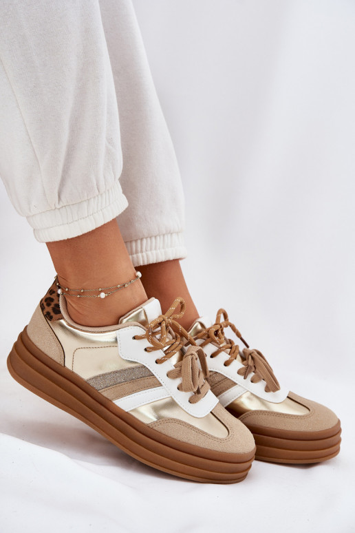 Sneakers Stilvollllschuhe Feminin mit einer Plattform Z PodZuójnym Schnürungm mit Leopardenfellmuster goldene Farbe Niteria
