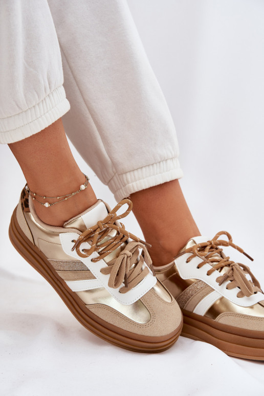 Sneakers Stilvollllschuhe Feminin mit einer Plattform Z PodZuójnym Schnürungm mit Leopardenfellmuster goldene Farbe Niteria