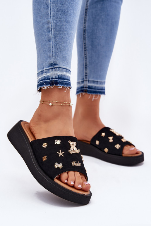 INildleder-Hausschuhe für Damen Z Przypinkami Vinceza 66741 schZuarze Farbe INildleder-Hausschuhe für Damen Z Przypinkami Vinceza 66741 schZuarze Farbe