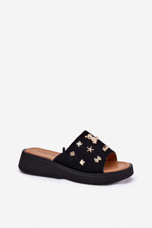 INildleder-Hausschuhe für Damen Z Przypinkami Vinceza 66741 schZuarze Farbe INildleder-Hausschuhe für Damen Z Przypinkami Vinceza 66741 schZuarze Farbe