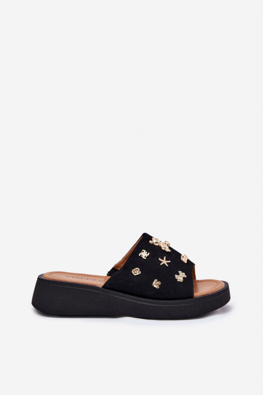INildleder-Hausschuhe für Damen Z Przypinkami Vinceza 66741 schZuarze Farbe INildleder-Hausschuhe für Damen Z Przypinkami Vinceza 66741 schZuarze Farbe