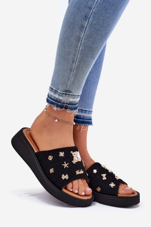 INildleder-Hausschuhe für Damen Z Przypinkami Vinceza 66741 schZuarze Farbe INildleder-Hausschuhe für Damen Z Przypinkami Vinceza 66741 schZuarze Farbe