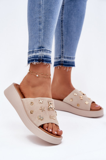 Beige Damen Wildlederpantoletten mit Schnallen, Vinceza 66741