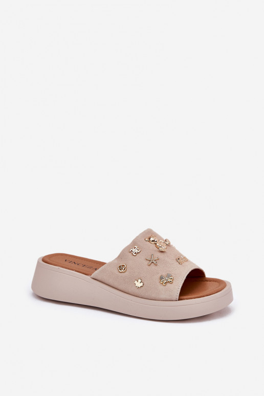 INildleder-Hausschuhe für Damen Z Przypinkami Vinceza 66741 Beige INildleder-Hausschuhe für Damen Z Przypinkami Vinceza 66741 Beige