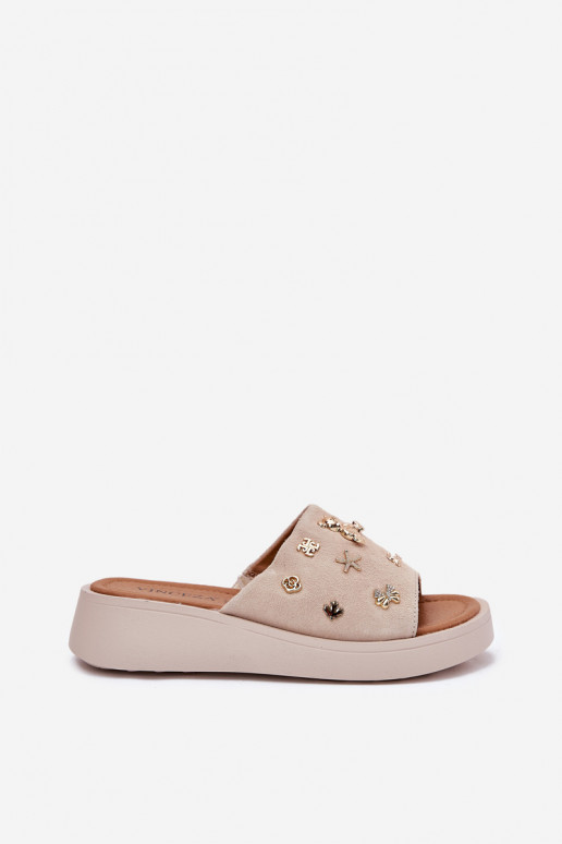 INildleder-Hausschuhe für Damen Z Przypinkami Vinceza 66741 Beige INildleder-Hausschuhe für Damen Z Przypinkami Vinceza 66741 Beige