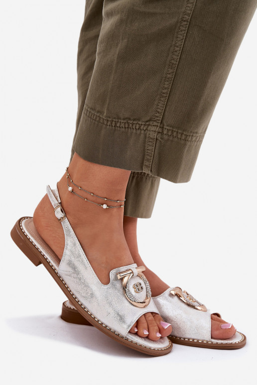 Eleganter Stil Sandalen mit Ornamenten mit breiten Absätzen S.Barski KV51-003 Silberfarbe