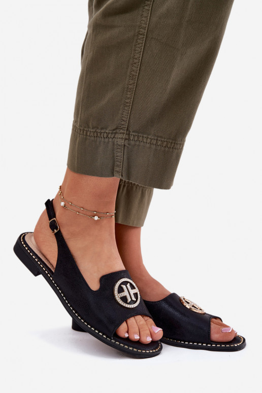 Damensandalen mit breiten Absätzen mit Ornamenten S.Barski KV51-002 schZuarze Farbe