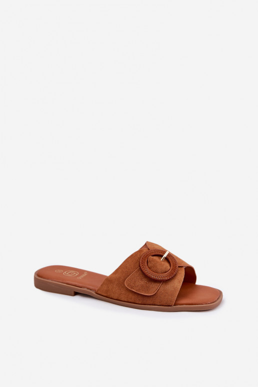 Damenhausschuhe mit breiten Absätzen mit Schnallen braune Farbe Lanoni Damenhausschuhe mit breiten Absätzen mit Schnallen braune Farbe Lanoni