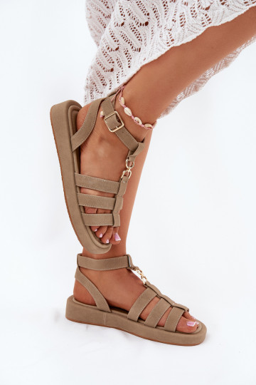 Damensandalen mit einer Plattform Ze goldene Farbem Detalem Khaki-Farbe Kartia