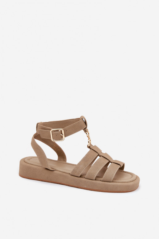 Damensandalen mit einer Plattform Ze goldene Farbem Detalem Khaki-Farbe Kartia Damensandalen mit einer Plattform Ze goldene Farbem Detalem Khaki-Farbe Kartia