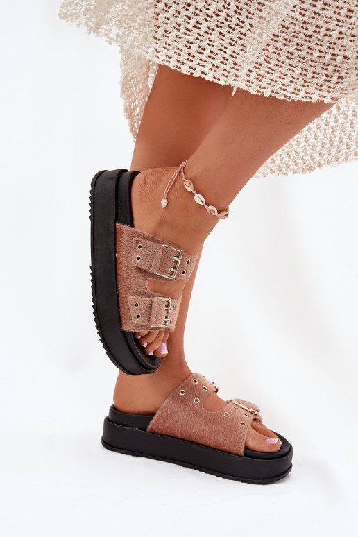 Damenhausschuhe Ze goldene Farbemi mit Schnallenmi mit einer Plattform Beige Virvania