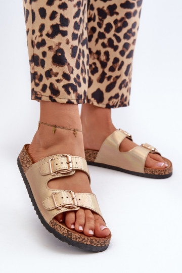 Damenhausschuhe mit Schnallen goldene Farbe Fronila