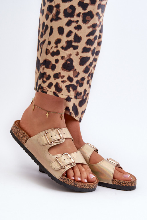 Damenhausschuhe mit Schnallen goldene Farbe Fronila