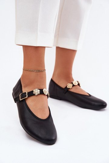 Ballerinas Feminin mit Riemen I goldene Farbemi Przypinkami schZuarze Farbe Firicene