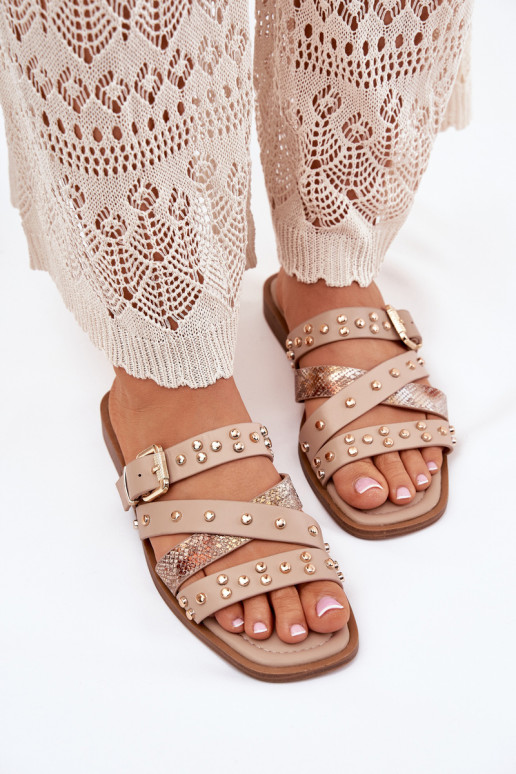 Dekoriert Damenhausschuhe mit breiten Absätzen mit Streifen I mit Schnallen Beige Es mussnitte