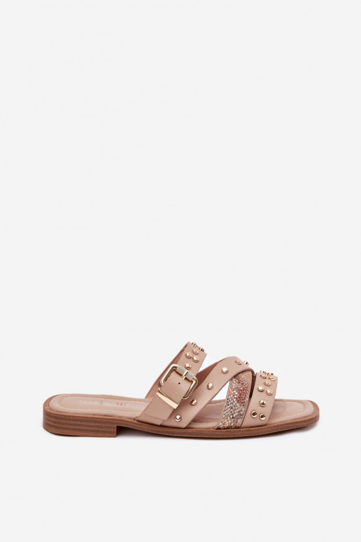 Dekoriert Damenhausschuhe mit breiten Absätzen mit Streifen I mit Schnallen Beige Es mussnitte