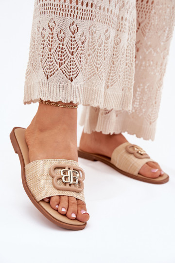Flache Damen-Pantoletten mit eleganten Details Nenitta in Sandfarbe
