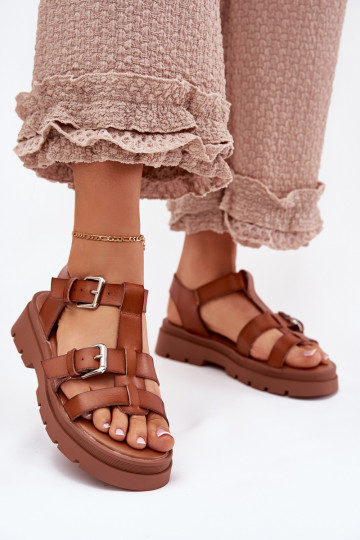 Damensandalen Eko Haut mit Schnallen braune Farbe Jeneliena