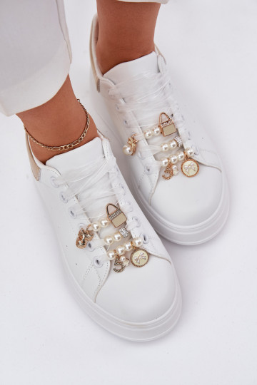 Sneakers Stilvollllschuhe Feminin mit einer Plattform Z Przypinkami INeiß-goldene Farbe Ocerdia