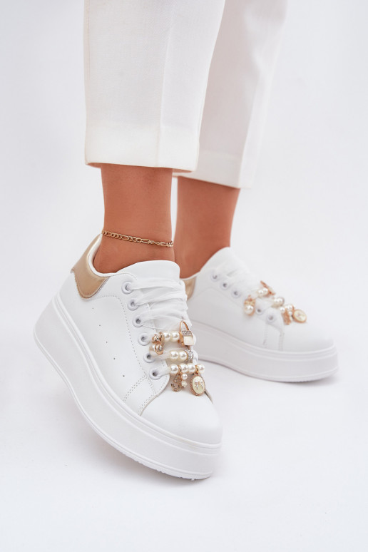 Sneakers Stilvollllschuhe Feminin mit einer Plattform Z Przypinkami INeiß-goldene Farbe Ocerdia