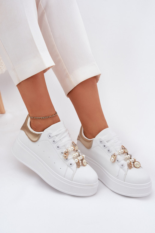 Sneakers Stilvollllschuhe Feminin mit einer Plattform Z Przypinkami INeiß-goldene Farbe Ocerdia