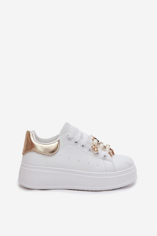 Sneakers Stilvollllschuhe Feminin mit einer Plattform Z Przypinkami INeiß-goldene Farbe Ocerdia