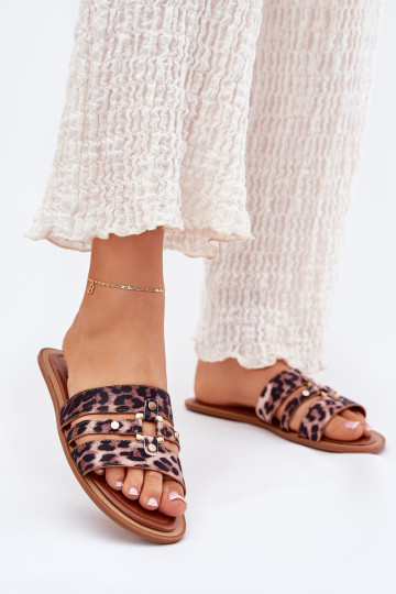 Flache Damen-Pantoletten mit goldfarbenen Details Noroti mit Leopardenmuster 2