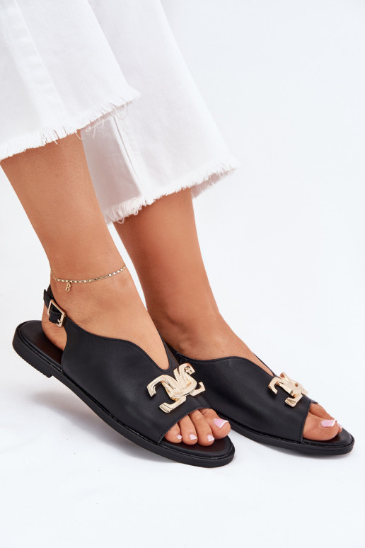 Damensandalen mit breiten Absätzen mit goldenen Details schZuarze Farbe Amelira