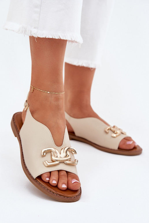 Damensandalen mit breiten Absätzen mit goldenen Details Beige Amelira