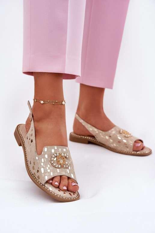Damensandalen mit Ornamenten mit breiten Absätzen S.Barski KV51-096 goldene Farbe Damensandalen mit Ornamenten mit breiten Absätzen S.Barski KV51-096 goldene Farbe
