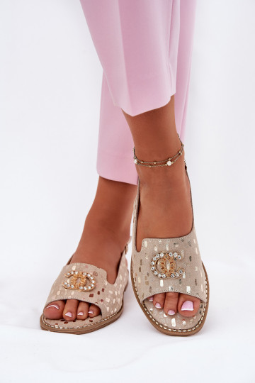 Damensandalen mit Ornamenten mit breiten Absätzen S.Barski KV51-096 goldene Farbe 2