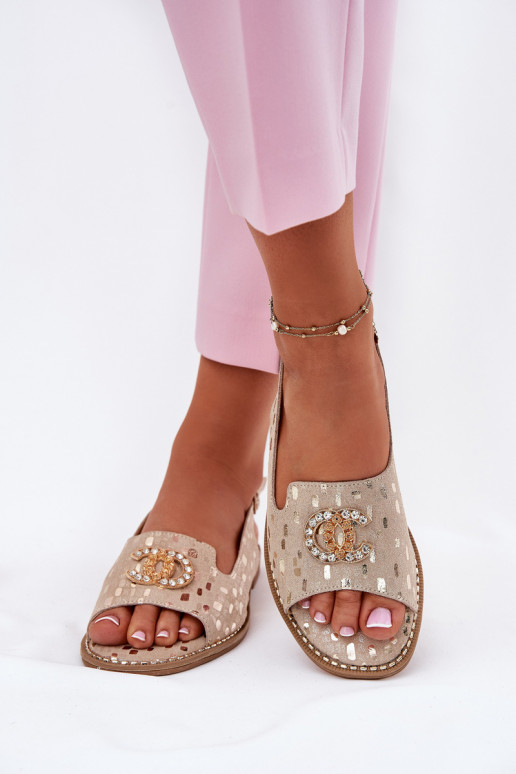 Damensandalen mit Ornamenten mit breiten Absätzen S.Barski KV51-096 goldene Farbe Damensandalen mit Ornamenten mit breiten Absätzen S.Barski KV51-096 goldene Farbe