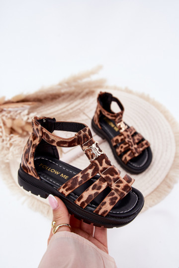 Kinder-Gladiatorensandalen mit goldfarbenen Details und Leopardenfell-Muster