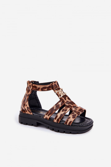 Kinder-Gladiatorensandalen mit goldfarbenen Details und Leopardenfell-Muster 2