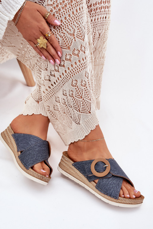 Damenhausschuhe Auf einem Keil dekorieren mit Schnallen Inblu RV000012 blaue Farbe