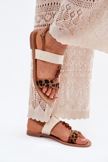 Flache Sandalen für Damen mit Perlen mit Leopardenfellmuster braune Farbe Virona