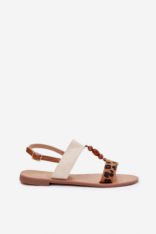 Flache Sandalen für Damen mit Perlen mit Leopardenfellmuster braune Farbe Virona Flache Sandalen für Damen mit Perlen mit Leopardenfellmuster braune Farbe Virona